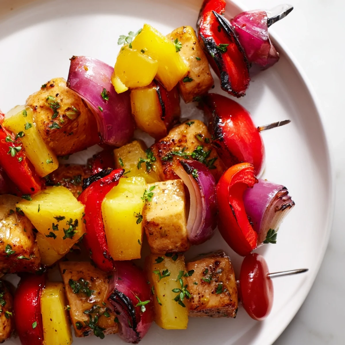 Savory Fruit Turkey Skewers, grilled and glazed with herbs, offer a sweet and smoky aroma.