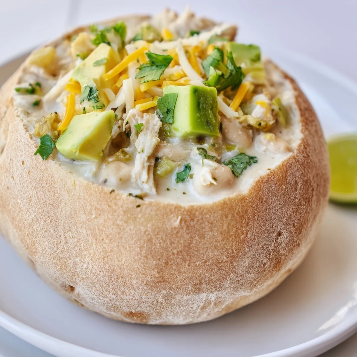 Warm, creamy White Chicken Chili in a Sourdough Bread Bowl, ready to be devoured.