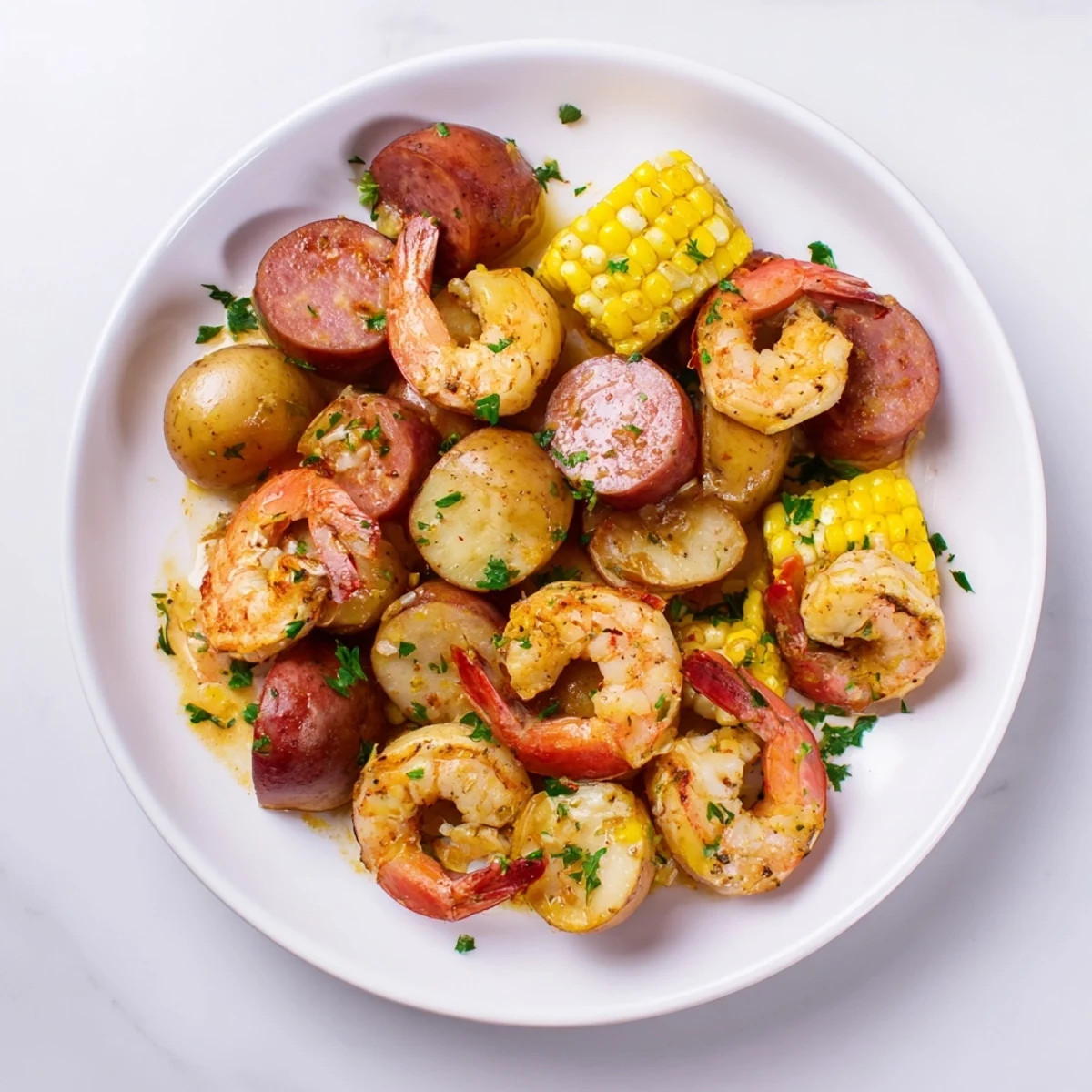 Golden-brown NYE Sheet Pan Shrimp Boil with succulent shrimp, sausage, and bright lemon butter.