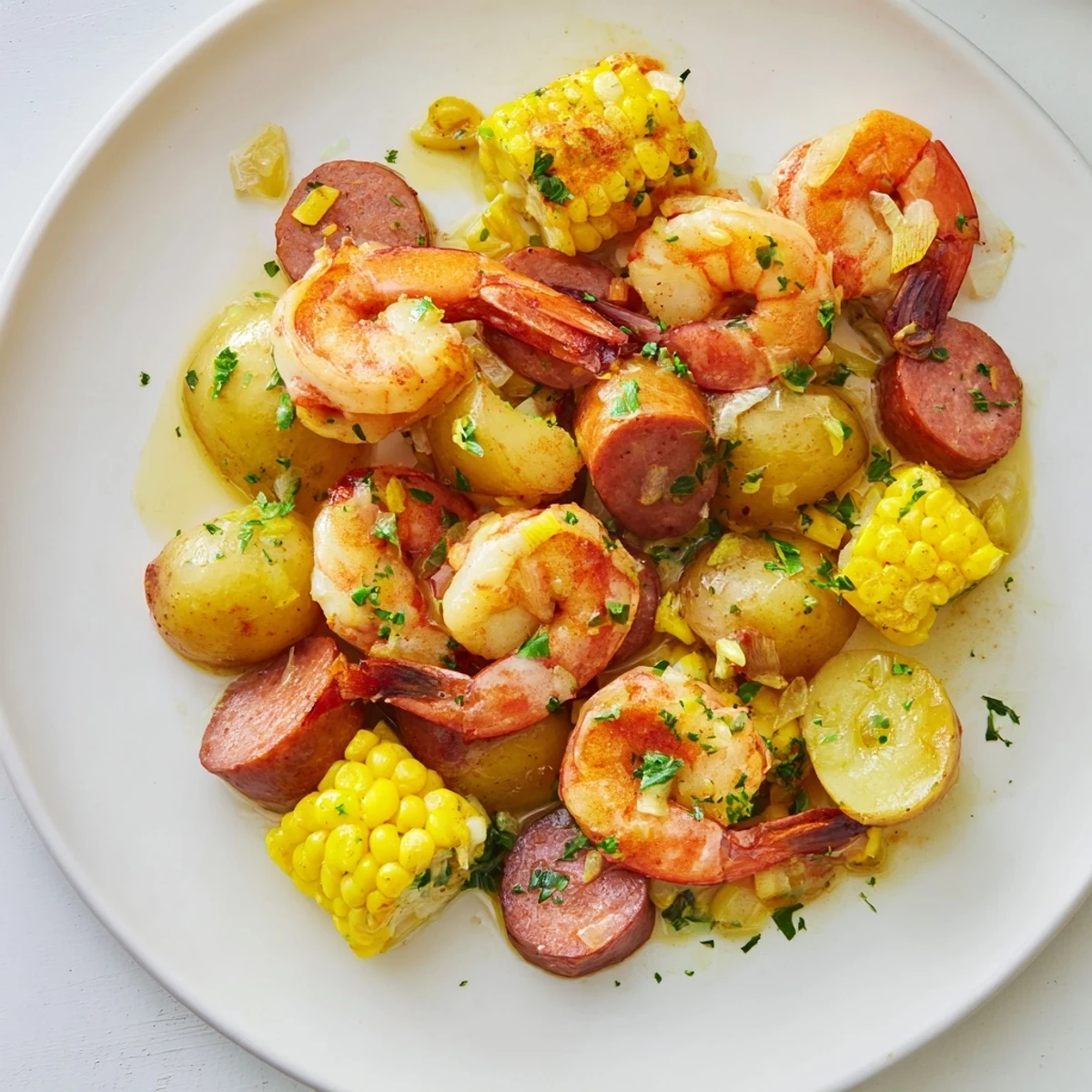A steaming NYE Sheet Pan Shrimp Boil featuring plump shrimp, potatoes, and corn, ready to eat.