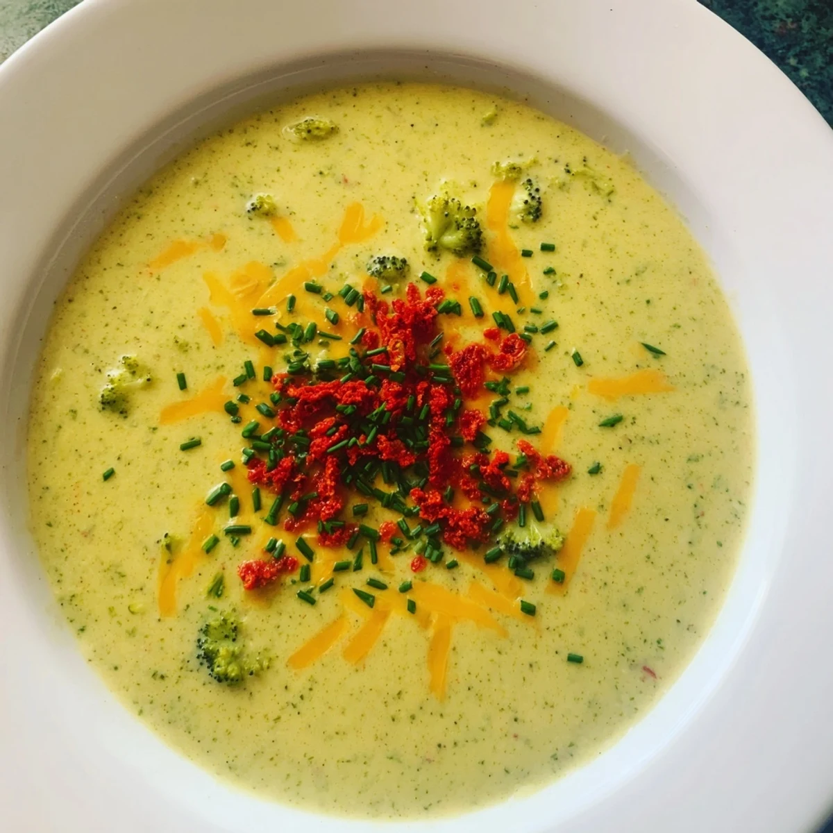 Creamy broccoli cheddar soup drizzled with spicy chili crunch, ready to enjoy with a crusty bread.