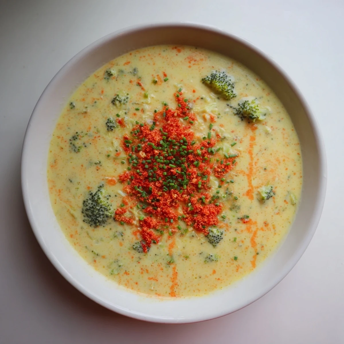 A hearty bowl of broccoli cheddar soup, topped with a vibrant chili crunch for added flavor.