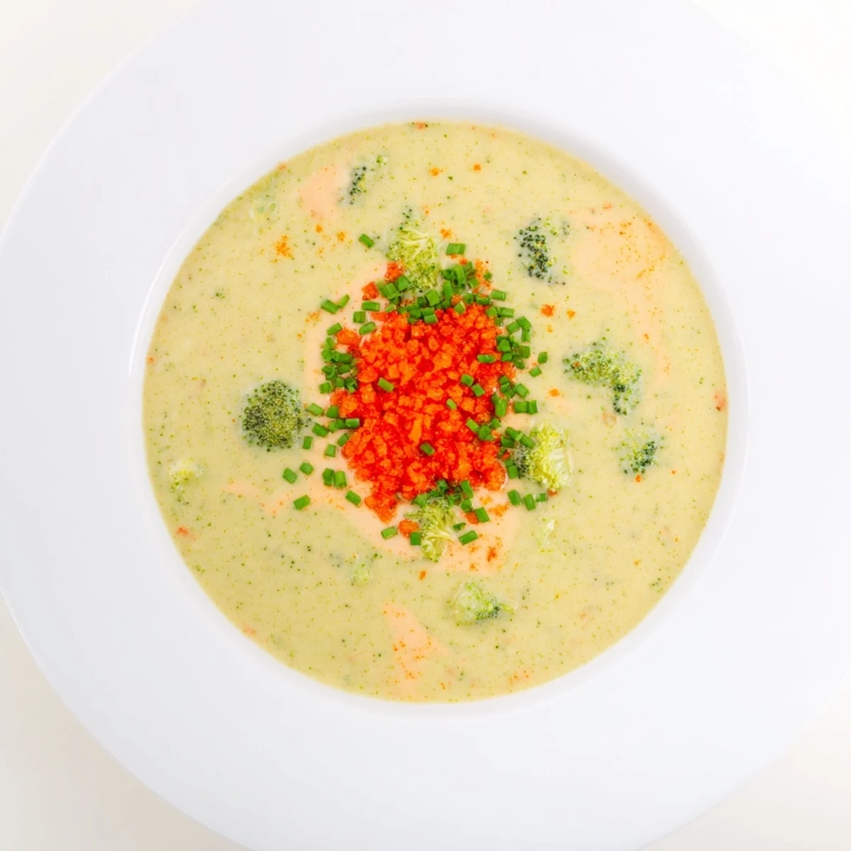 Thick and cheesy broccoli cheddar soup, garnished with chives and irresistible chili crunch topping.