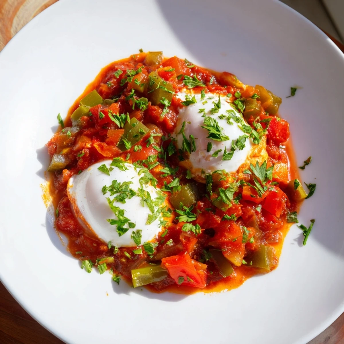 Golden yolks peek from this Shakshuka, a vibrant Middle Eastern breakfast favorite, served with bread.