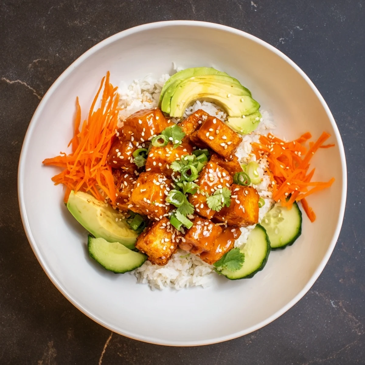 Golden-brown chili-mayo baked tofu bowls, served with vibrant vegetables and fluffy rice.