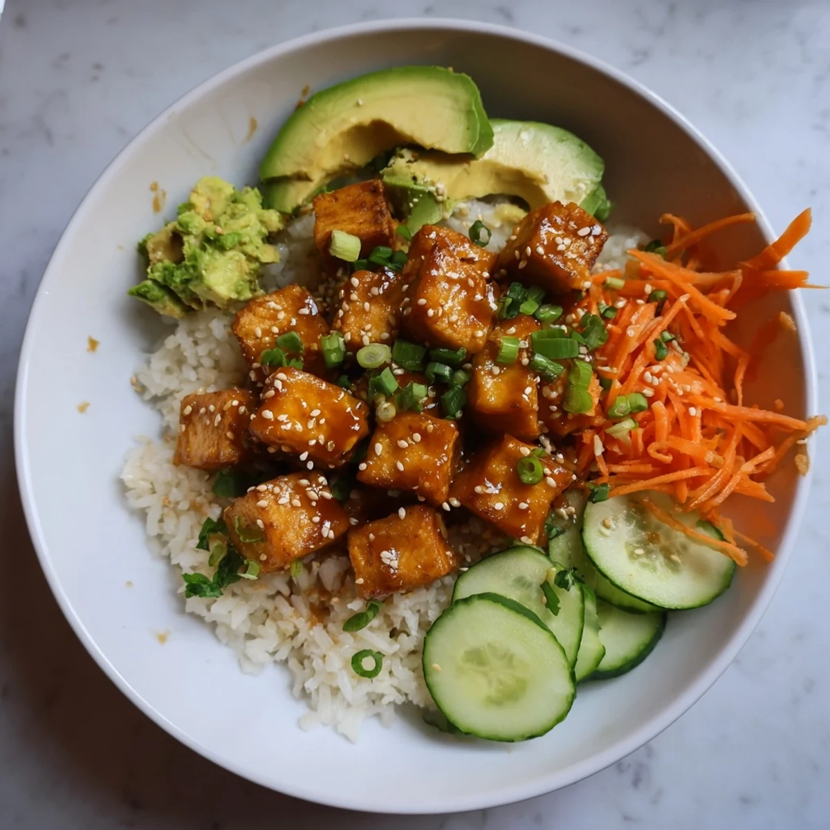 A steaming bowl of chili-mayo baked tofu, showing crispy tofu with fresh, colorful toppings.