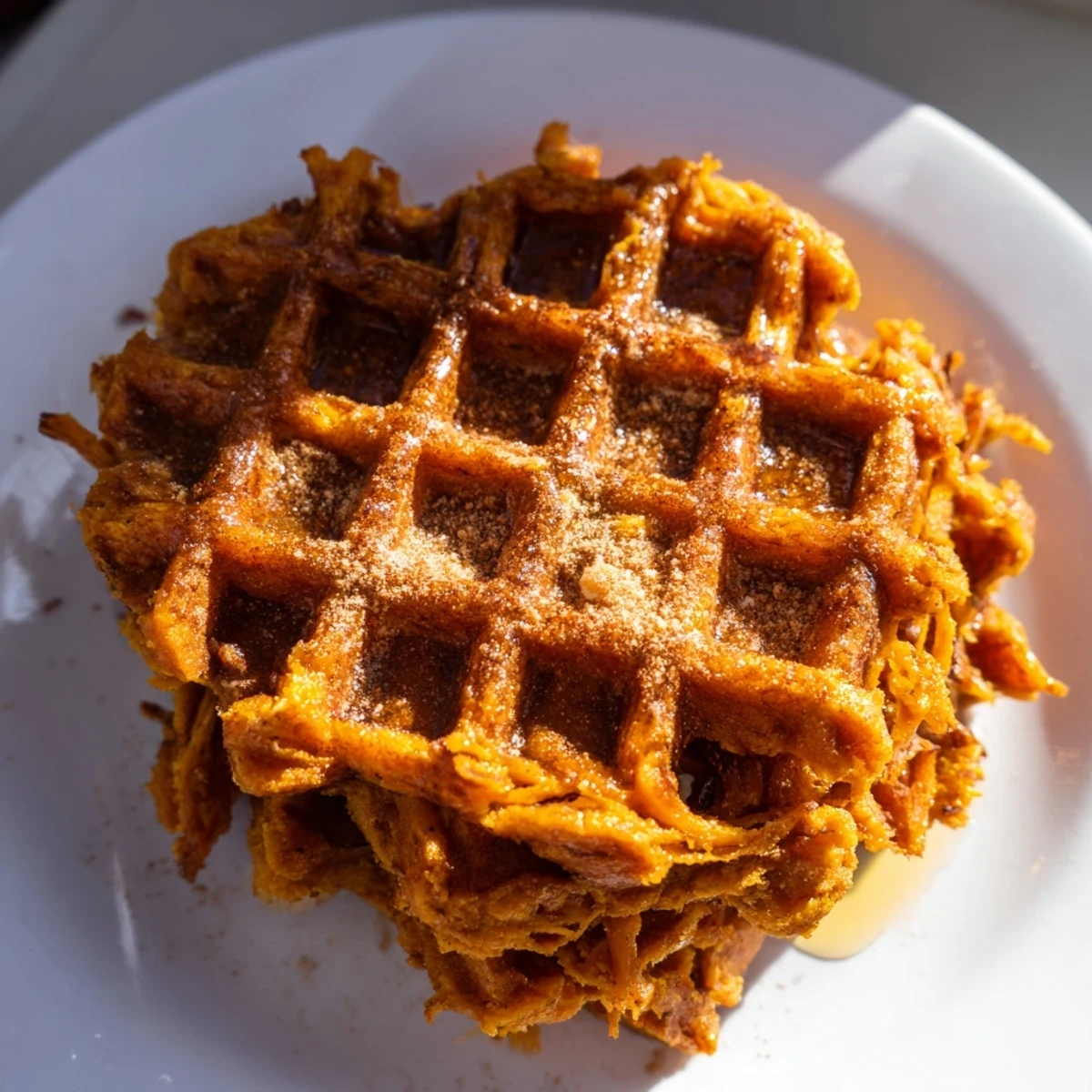 Crispy textured plate with a Sweet Potato Waffle Hack, perfect for a quick, gluten-free breakfast.