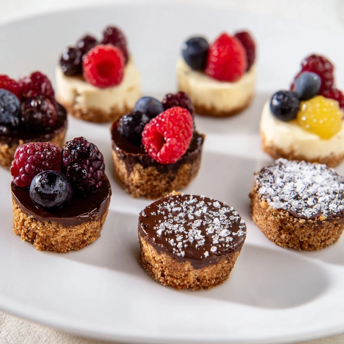Mini Dessert Bites Trio: a trio of vibrant, bite-sized cheesecakes, tarts, and other sweet treats.