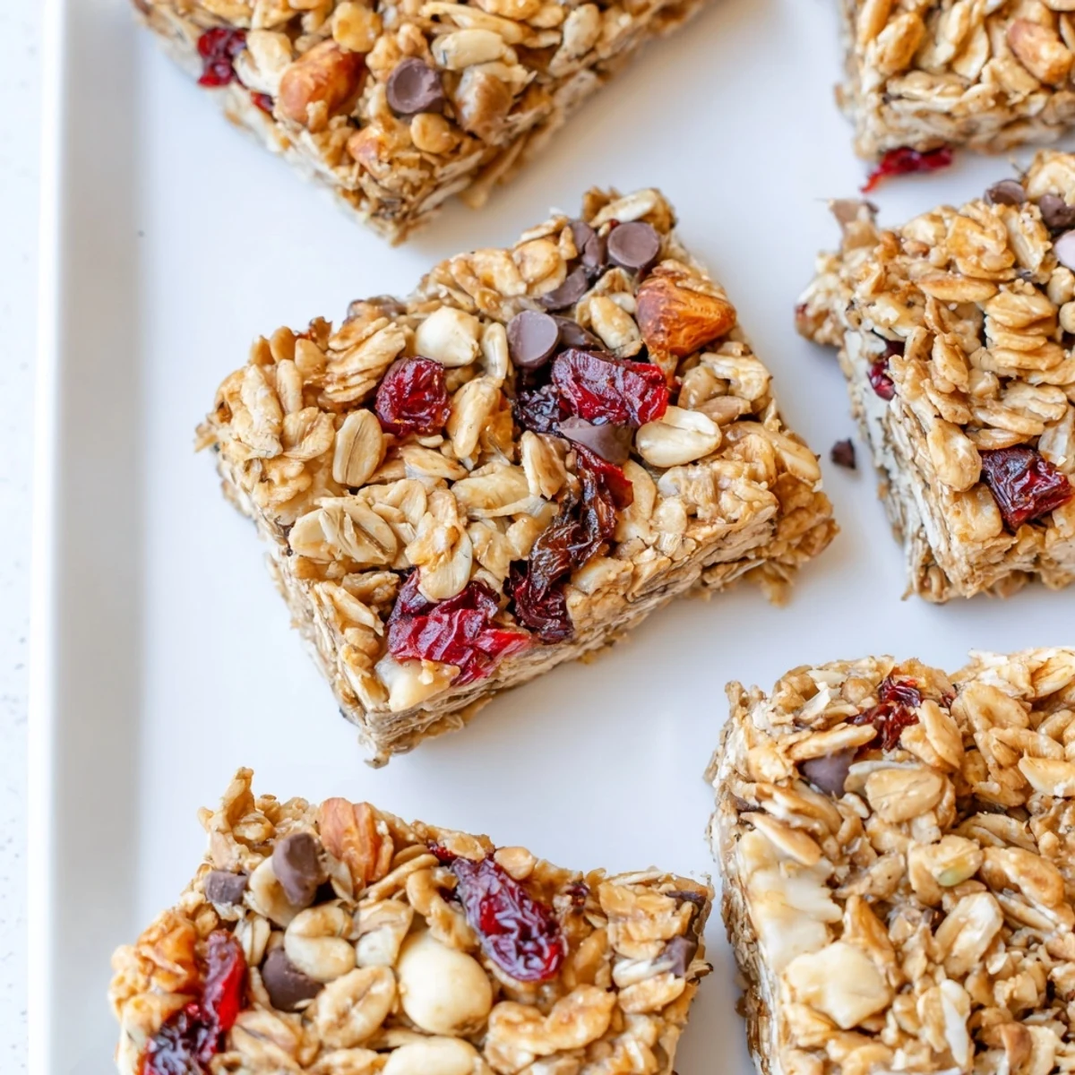 Golden brown, chewy homemade granola bars, ready to eat with oats and seeds visible.