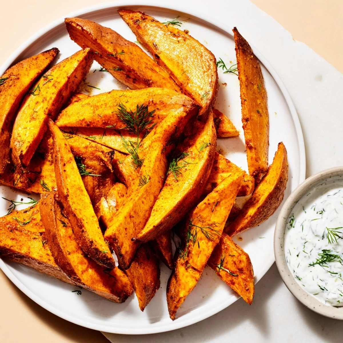 Perfectly browned roasted sweet potato wedges ready to eat, alongside chilled yogurt dip.