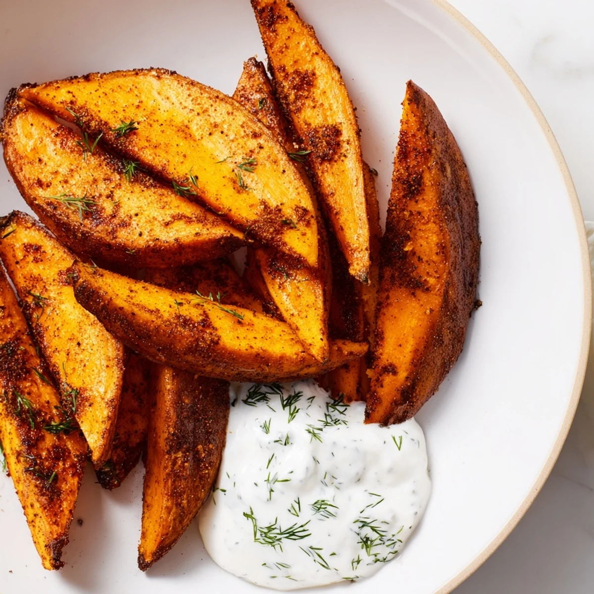 Close-up of crispy roasted sweet potato wedges with a dollop of fresh yogurt dip, a delicious side.