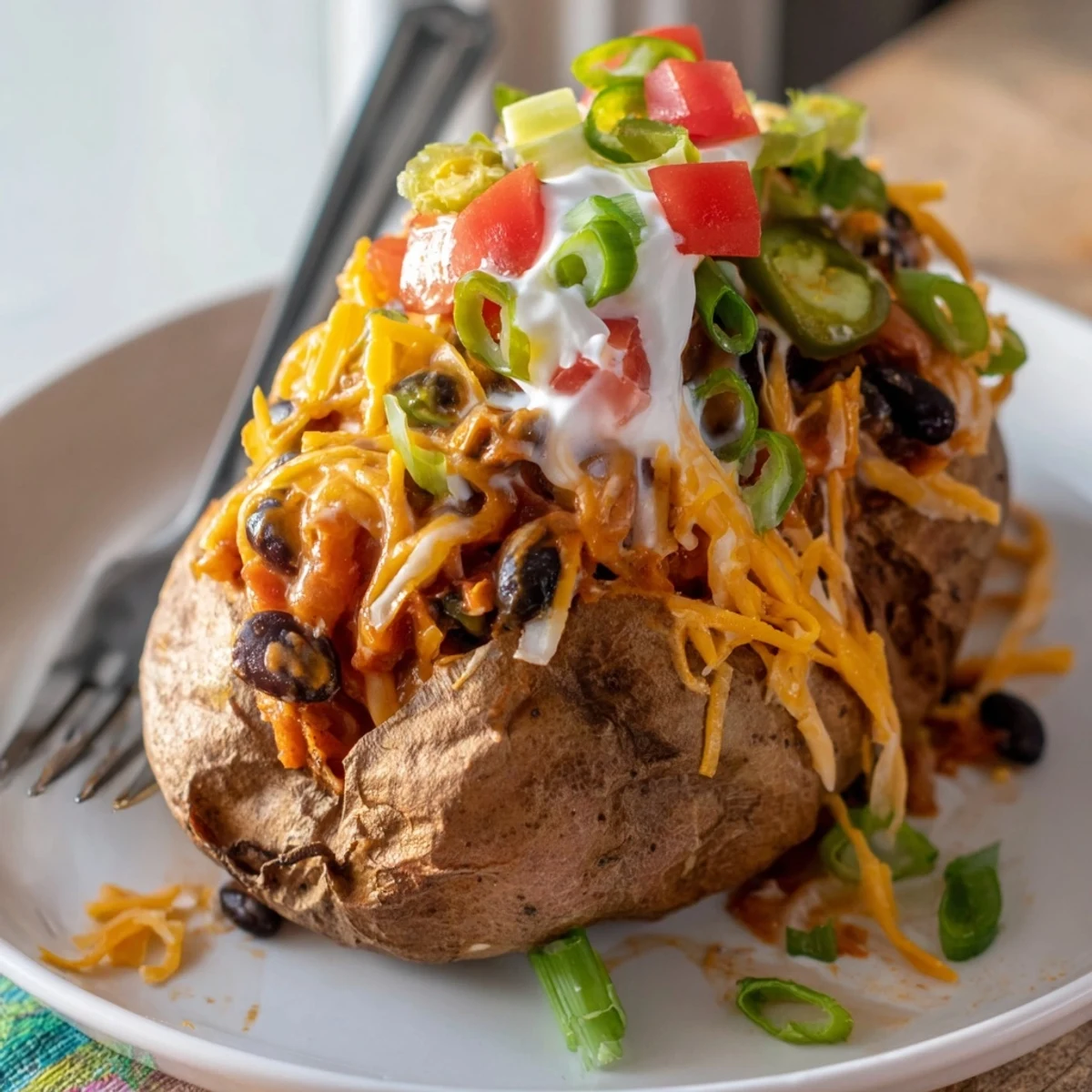 Steaming loaded baked potato with chili, cheese, and fresh toppings, ready to enjoy.