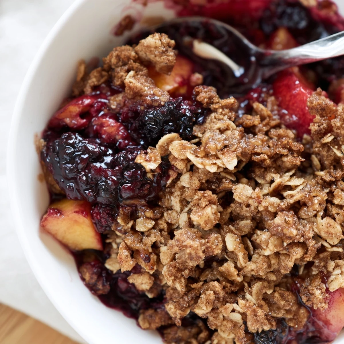 Golden-brown Fruit Crisp with frozen berries bubbling, ready for serving with a scoop of ice cream.
