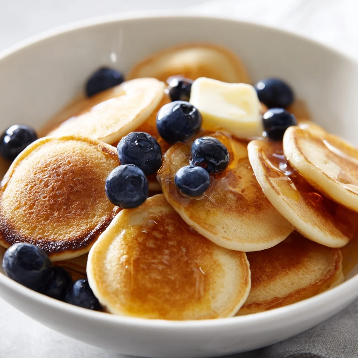 Golden-brown Pancake Cereal in a bowl, drizzled with sweet maple syrup, ready to eat.