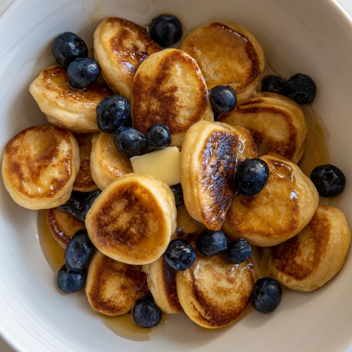Close-up of fluffy, tiny Pancake Cereal, with fresh berries and a pat of butter, perfect for breakfast.