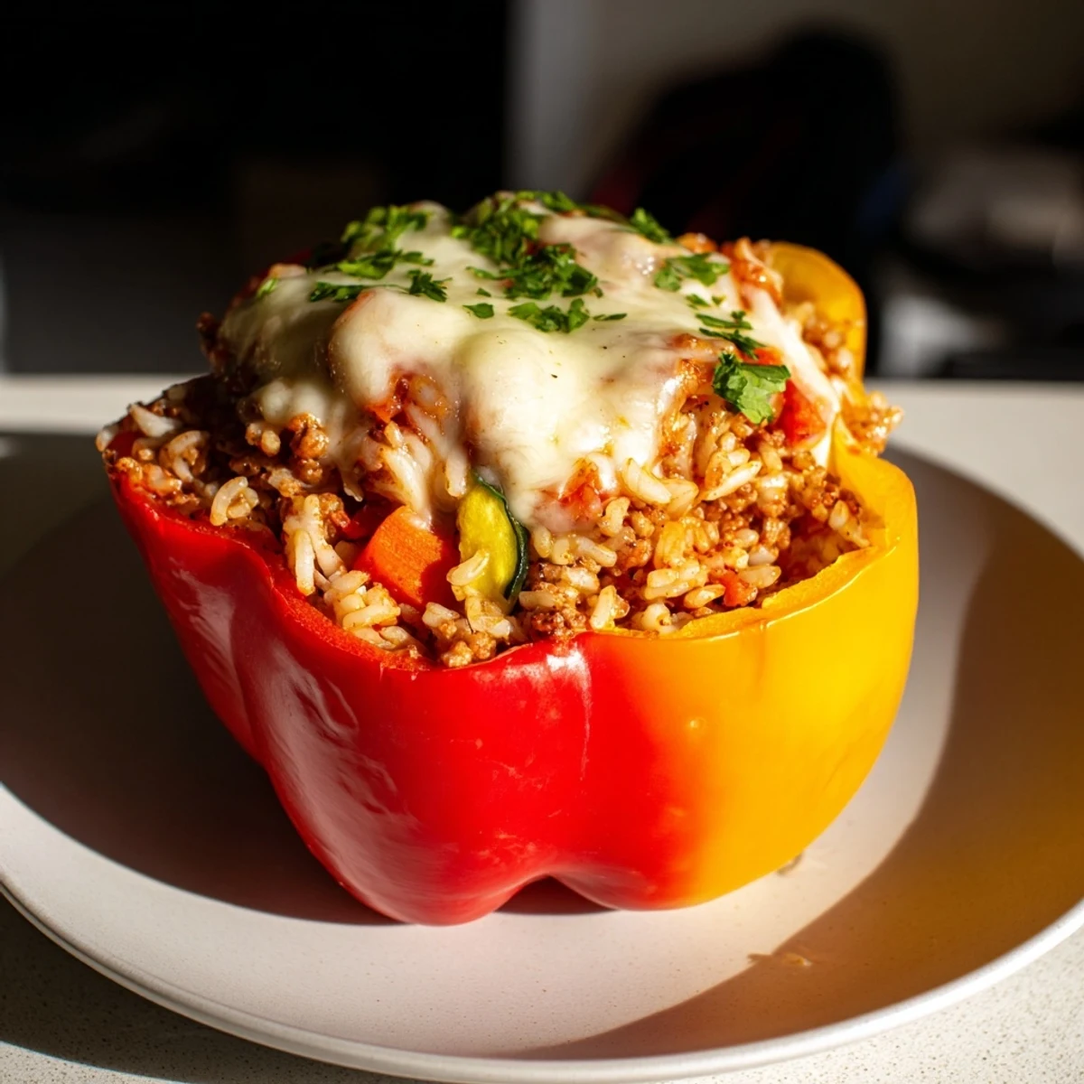 Golden-brown Stuffed Peppers with Ground Turkey, filled with savory rice and cheese, ready to enjoy.