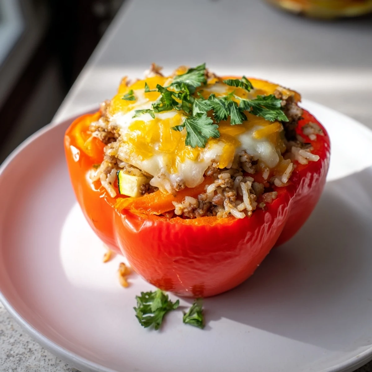 Hearty American dinner: Fresh bell peppers brimming with flavorful ground turkey and fluffy rice.