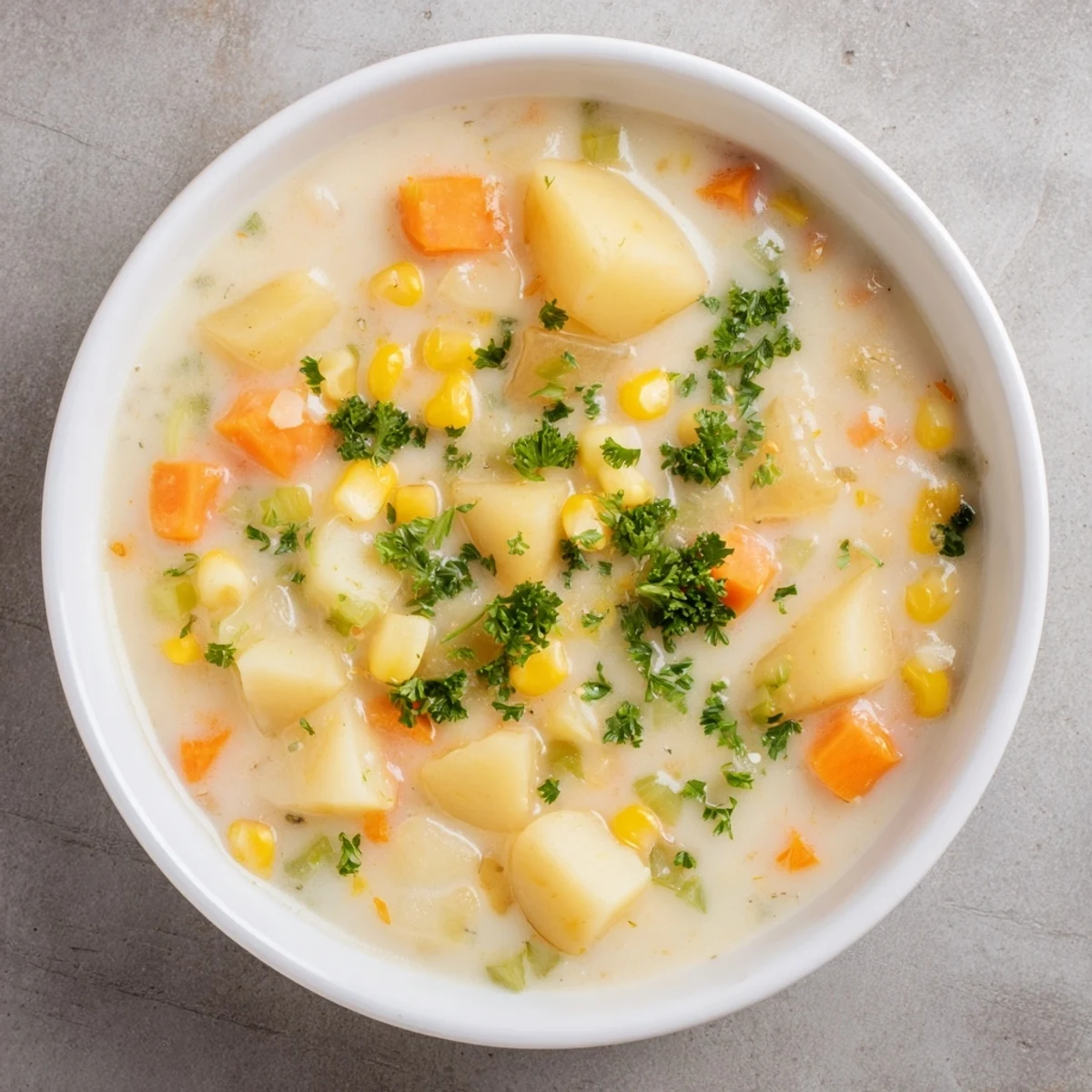 Steaming bowl of Corn & Potato Chowder, garnished with fresh herbs, a comforting, creamy delight.