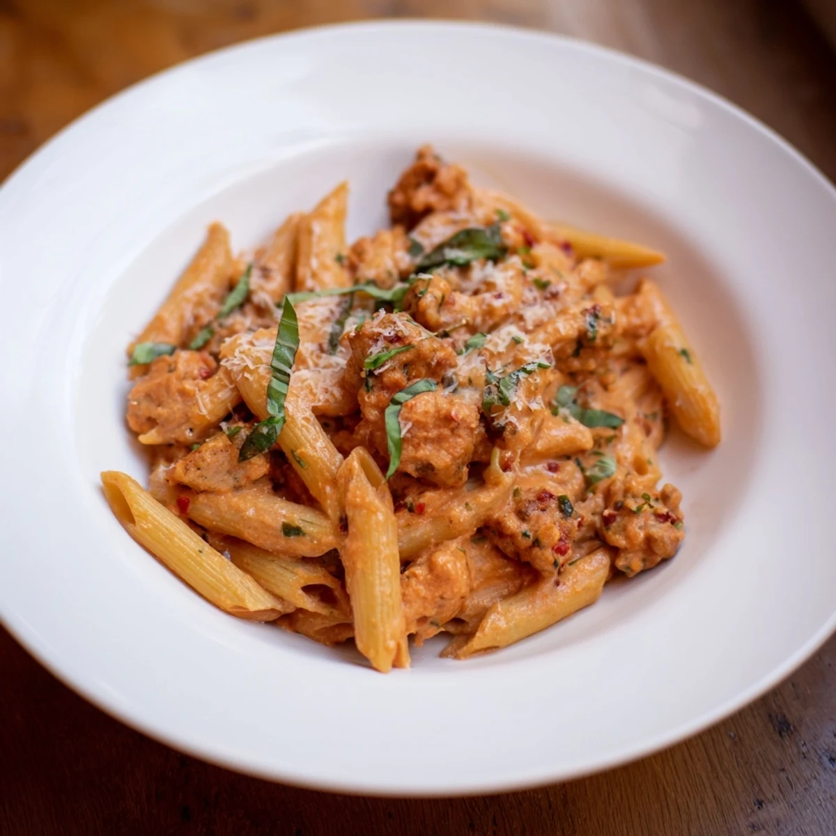 Creamy tomato and sausage pasta, ready to serve, with a generous sprinkle of Parmesan cheese.