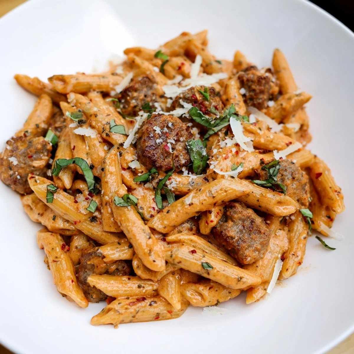A close-up of the delicious creamy tomato and sausage pasta, highlighting the textures of penne.