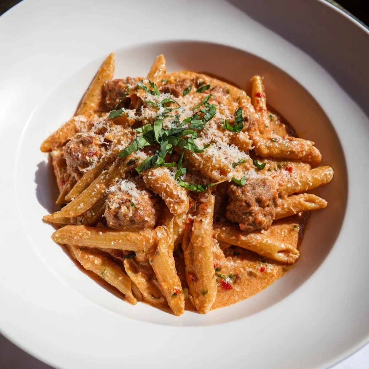 Sizzling Italian sausage in creamy tomato sauce, beautifully combined with the penne in this pasta.