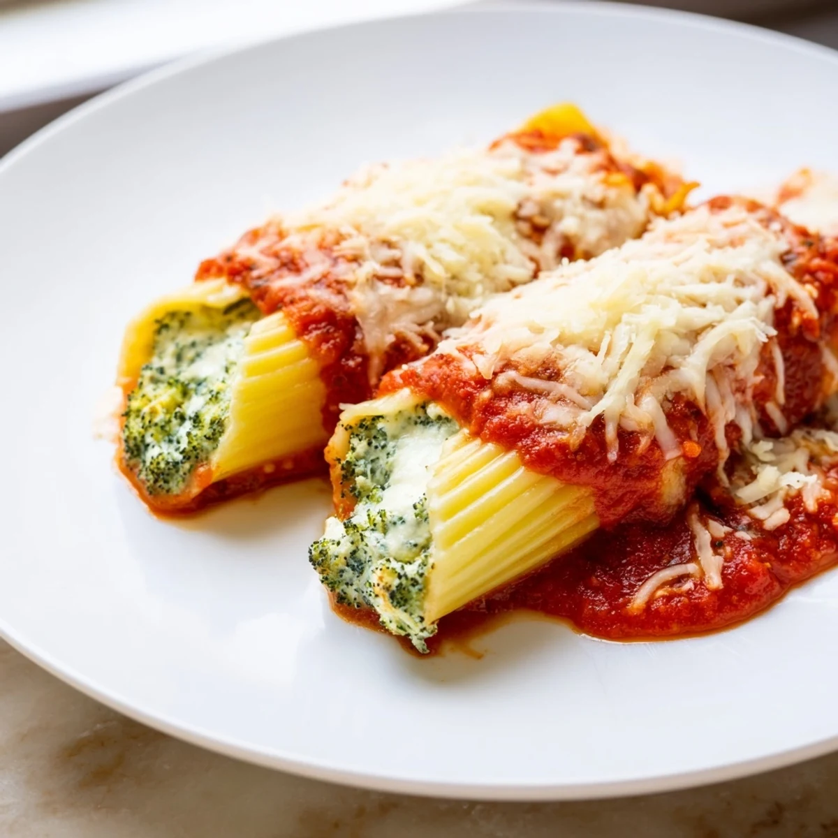 Cozy Broccoli Stuffed Manicotti bubbling in a rich tomato sauce, topped with melted mozzarella cheese.
