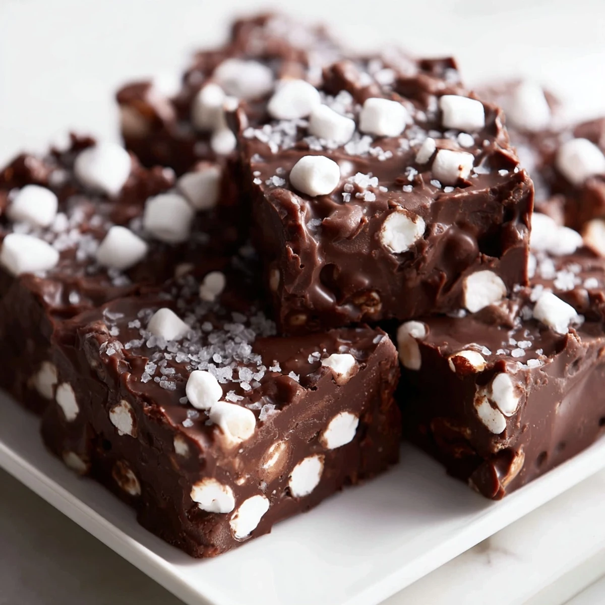 Close-up shot shows the creamy texture of the Easy Marshmallow Fudge packed with mini marshmallows and nuts.