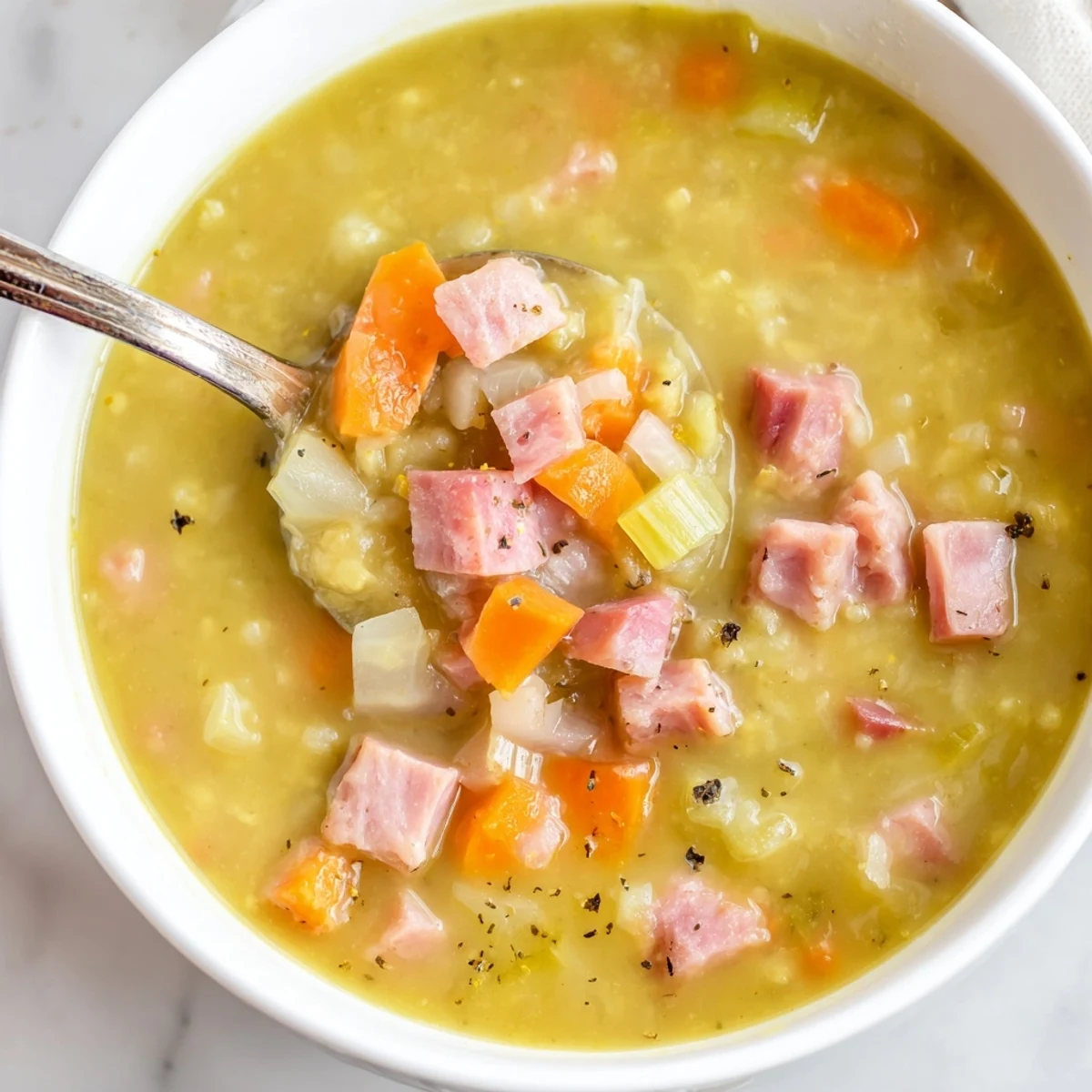 Homemade Split Pea and Ham Soup: a comforting American classic, perfect for a cold winter day.