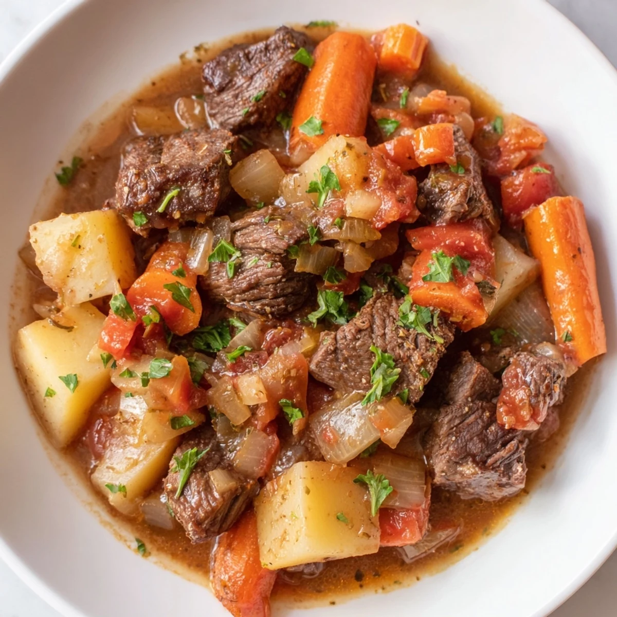 Tender Instant Pot Beef Stew with vegetables swimming in a rich, flavorful broth, ready to serve.