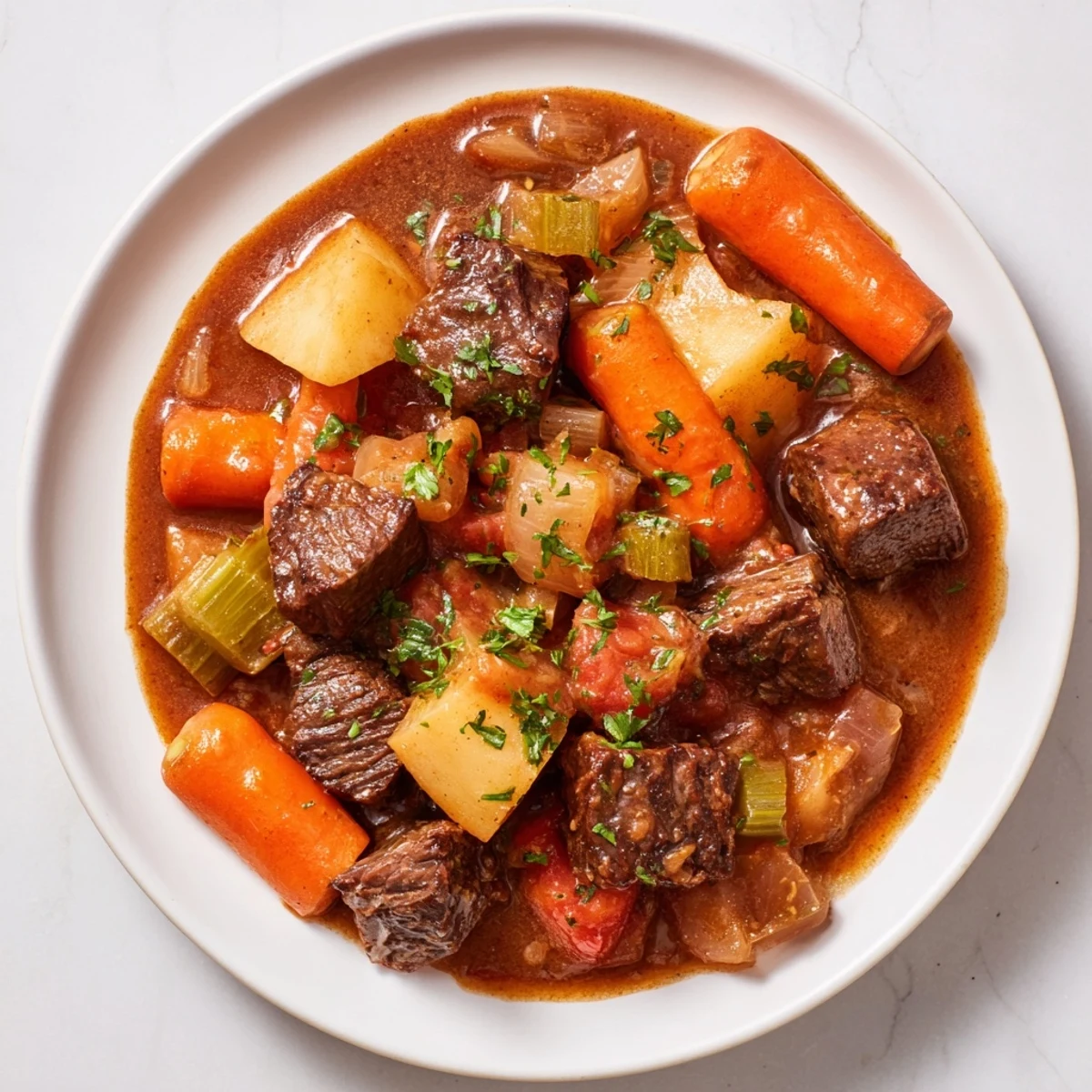 Hearty Instant Pot Beef Stew with a garnish of parsley, perfect for a cozy, delicious dinner.