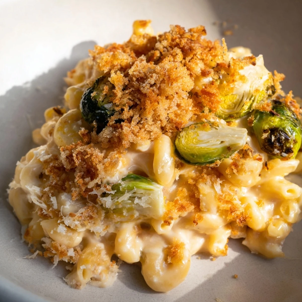 Sheet pan mac and cheese with Brussels sprouts, golden-brown and bubbling hot right from the oven.