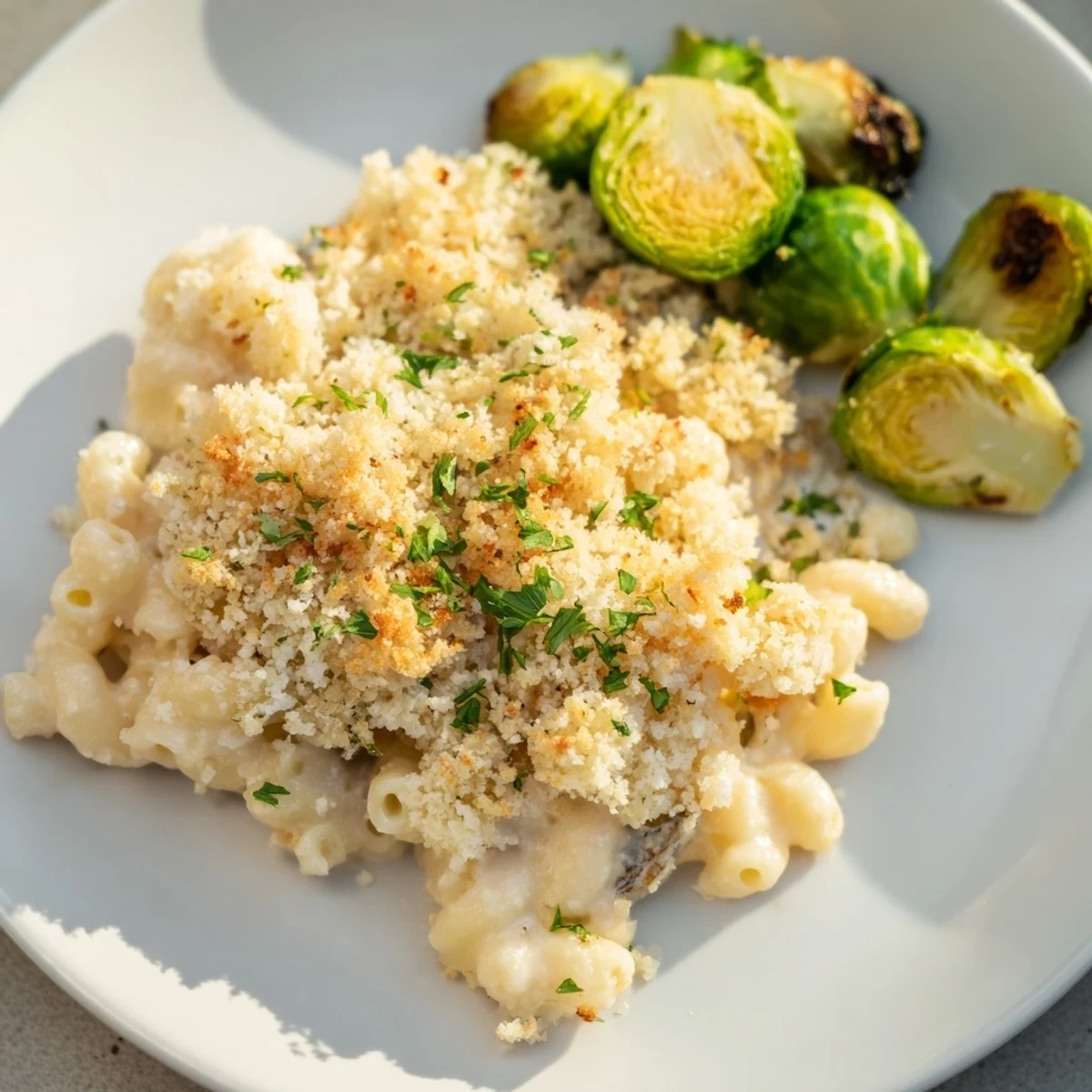 A close-up of sheet pan mac and cheese brimming with cheese and tender Brussels sprouts, a hearty meal.