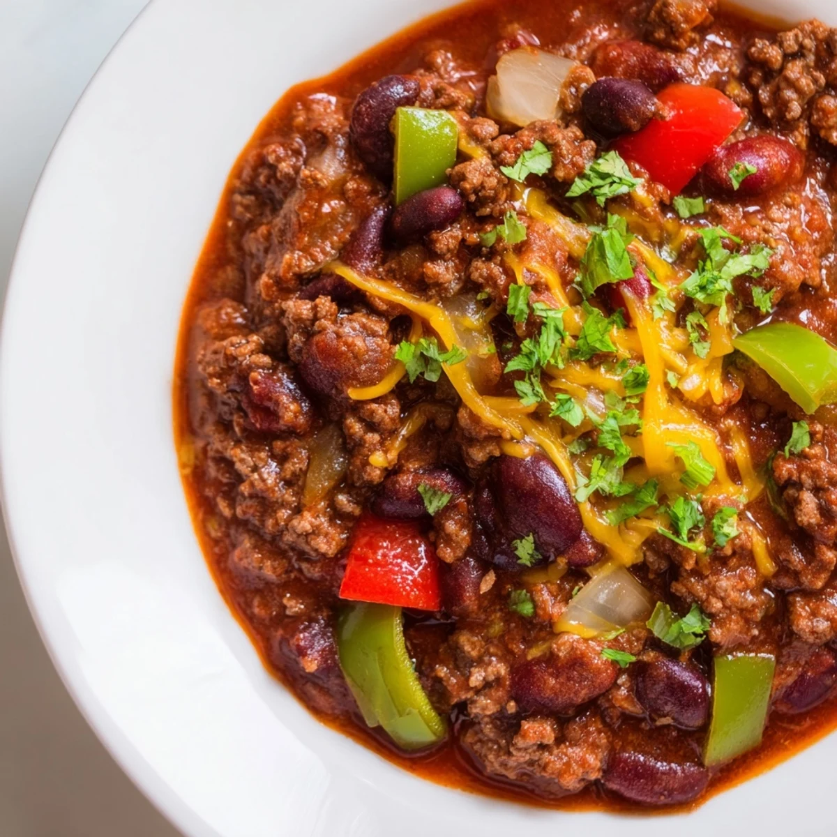 Get a close-up of this delicious, quick chili with canned beans; a perfect weeknight meal photo.