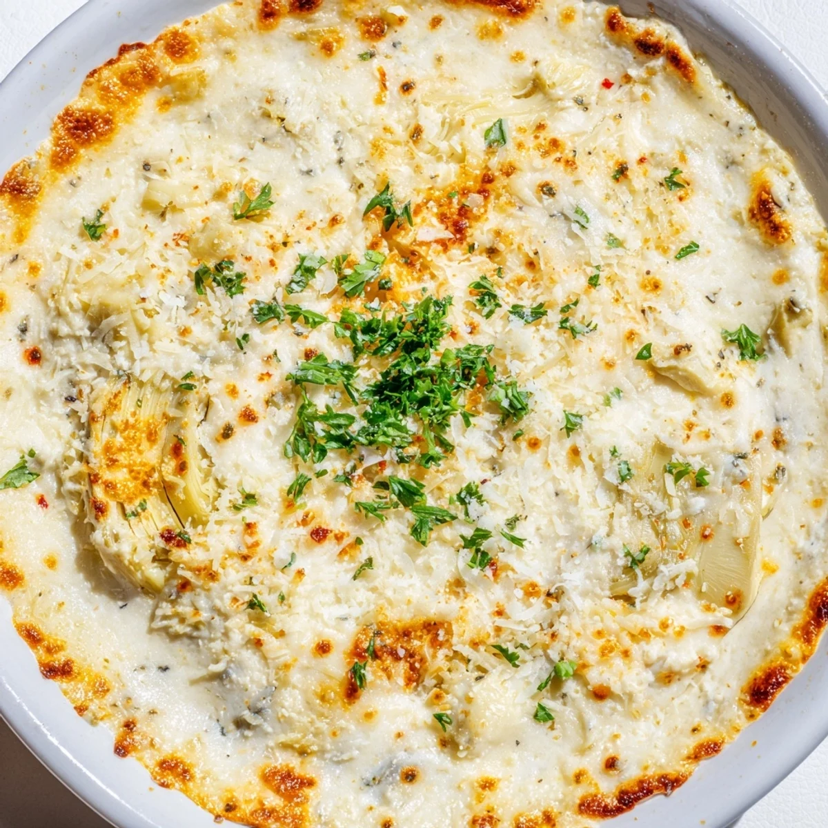 Golden-brown baked artichoke dip with melted cheese, prepared in a baking dish and ready to enjoy.