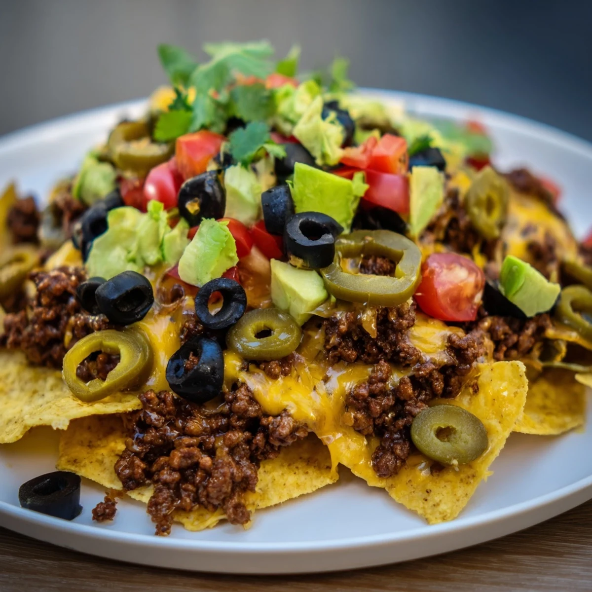 Golden, melted cheese blankets the sheet pan nachos with savory ground beef and colorful toppings.