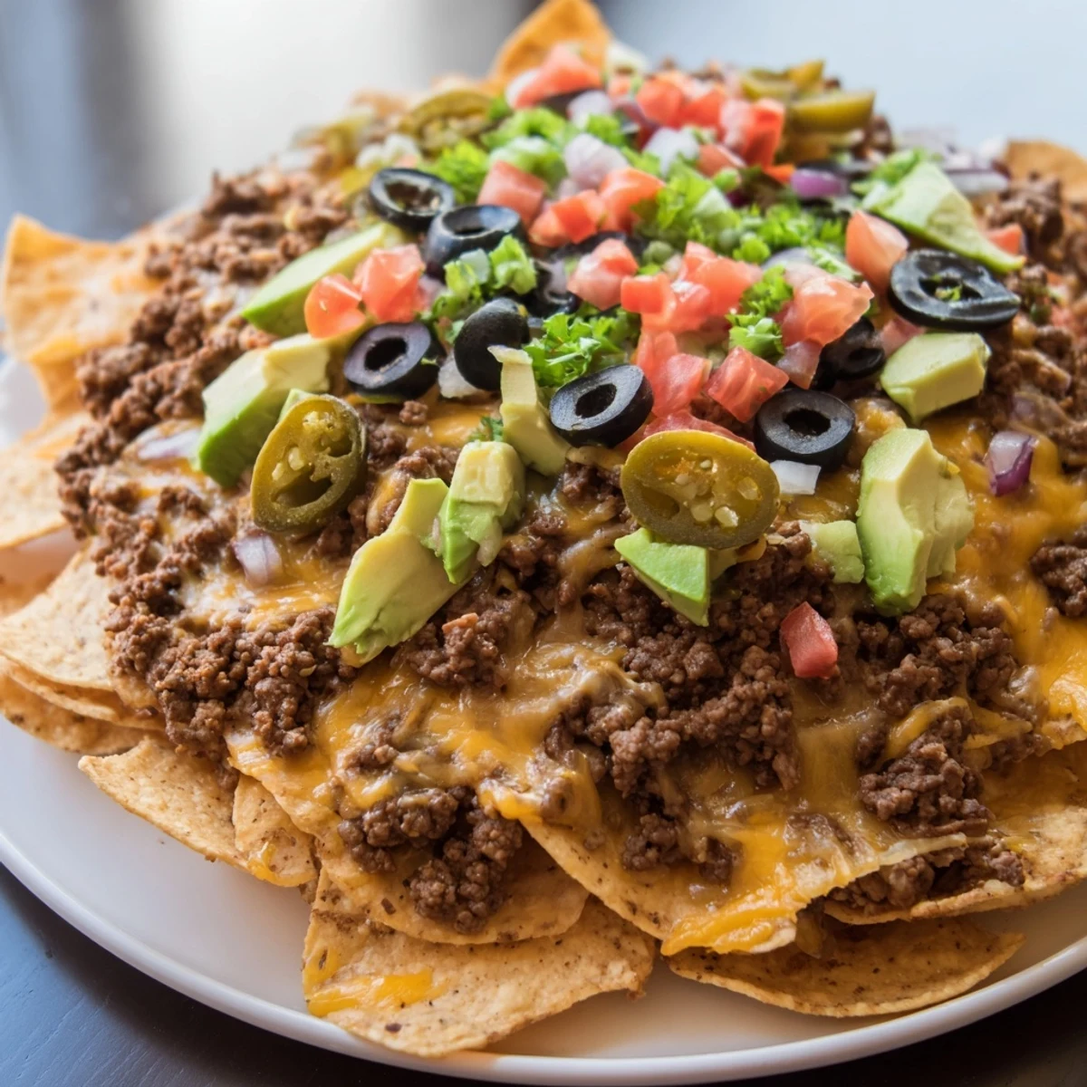 A close-up of fully loaded sheet pan nachos, revealing layers of cheese, beef, and colorful garnishes.