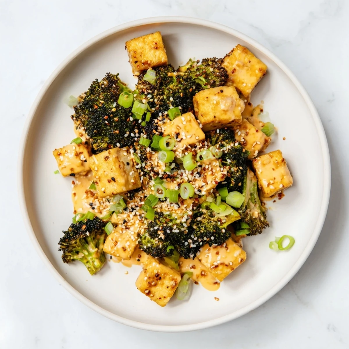 A warm casserole of Cheesy Baked Tofu and Broccoli, topped with sesame seeds, smells divine.