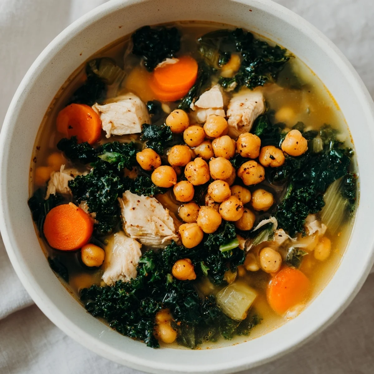 Spoonful of flavorful Chicken Kale Soup, complete with crunchy chickpeas, perfect for a cozy, gluten-free dinner.