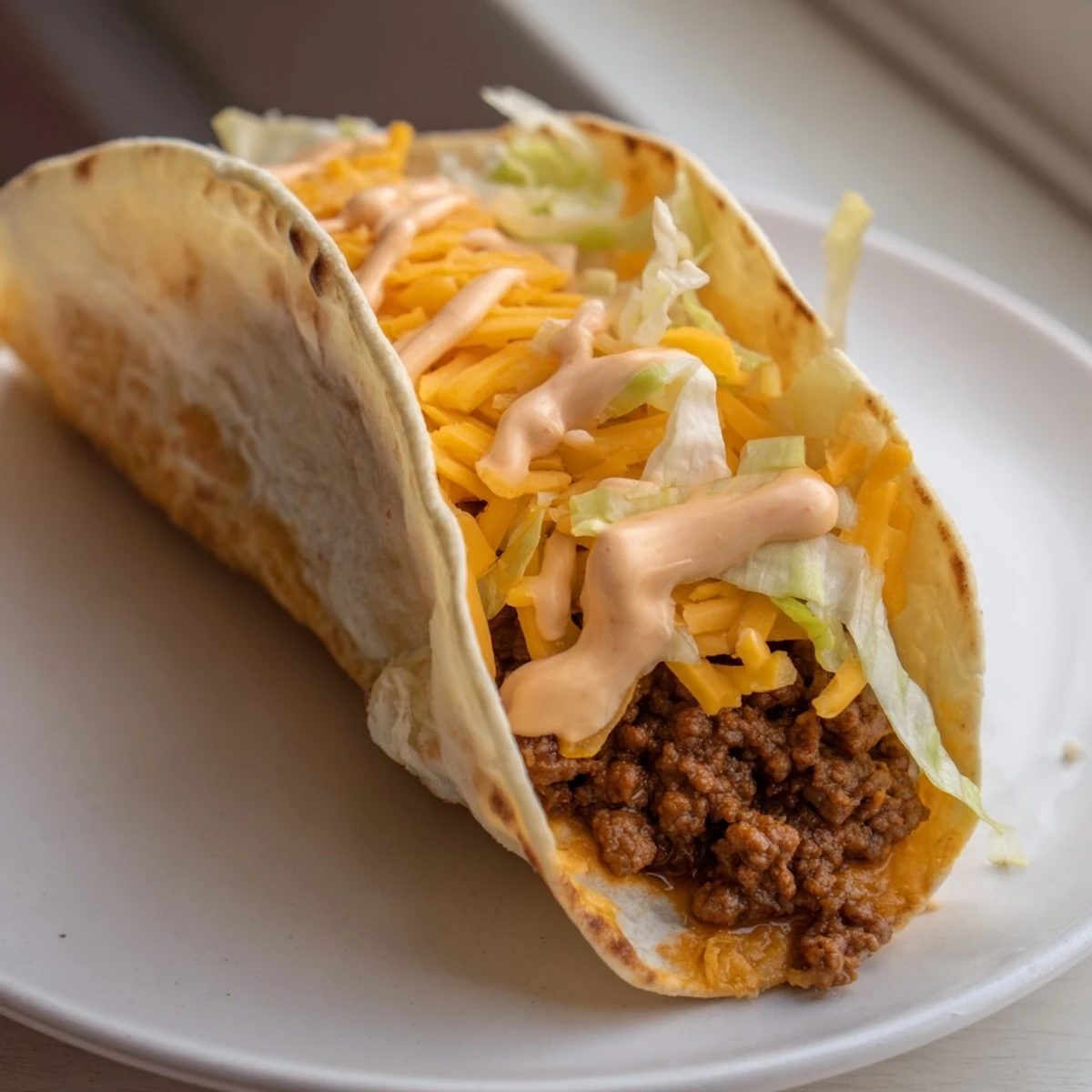 Image of a Cheesy Gordita Crunch Taco: crunchy shell filled with seasoned beef, lettuce, and rich cheese.