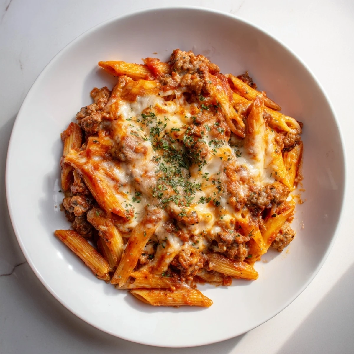 A close-up of a steaming bowl of Budget Sausage and Cheese Pasta Bake, packed with savory sausage.