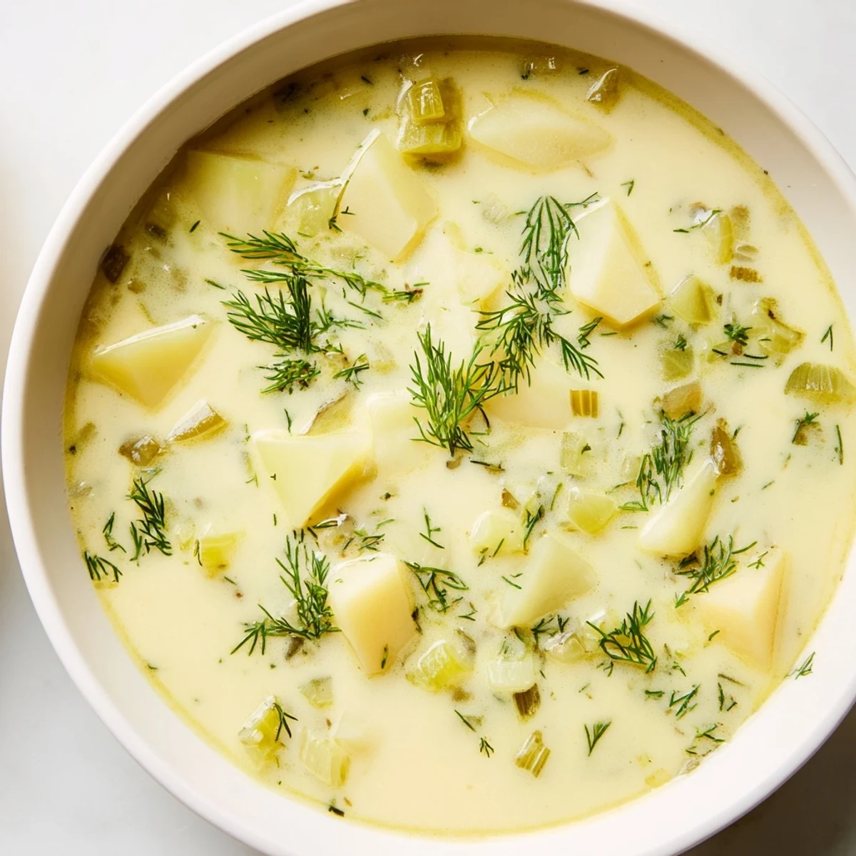 Creamy Dill Pickle Soup, a warm bowl of soup, is garnished with fresh herbs, ready to savor.