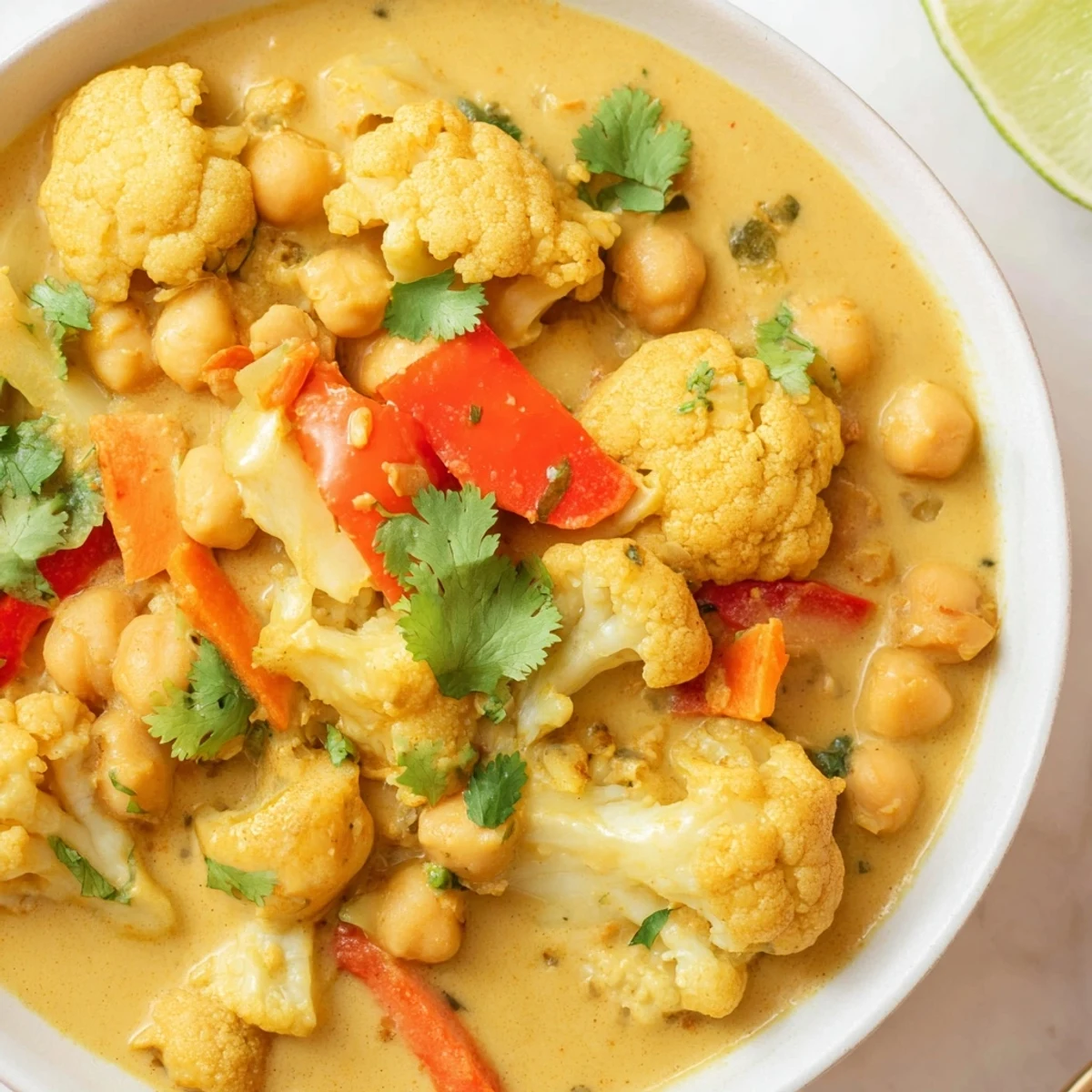 Steaming Curried Cauliflower and Chickpea Coconut Stew, garnished with fresh cilantro and lime for vibrant flavor.