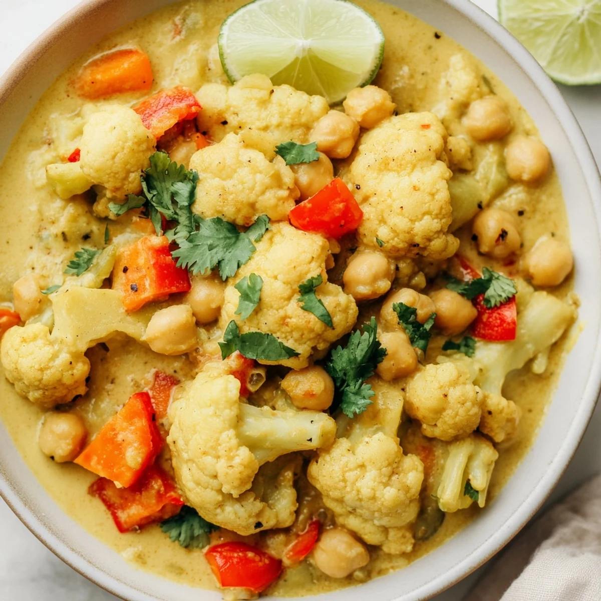 Flavorful Curried Cauliflower and Chickpea Coconut Stew, ready to be served hot, perfect for a cozy dinner.