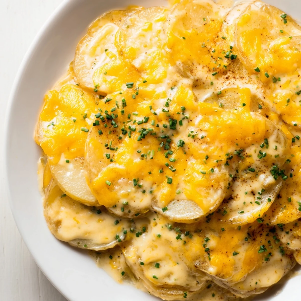 Golden, bubbly cheesy scalloped potatoes, a comforting Southern side, ready to serve with a garnish.