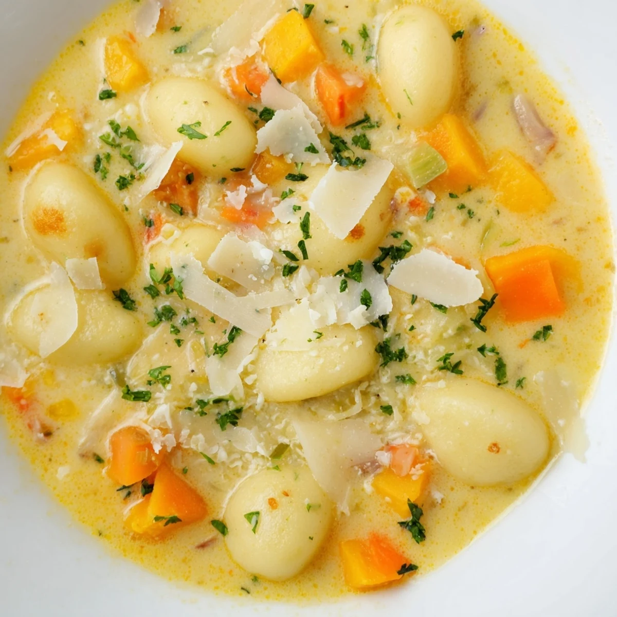 Steaming bowl of fragrant Savory Butternut Squash Gnocchi Soup, topped with Parmesan and fresh parsley.