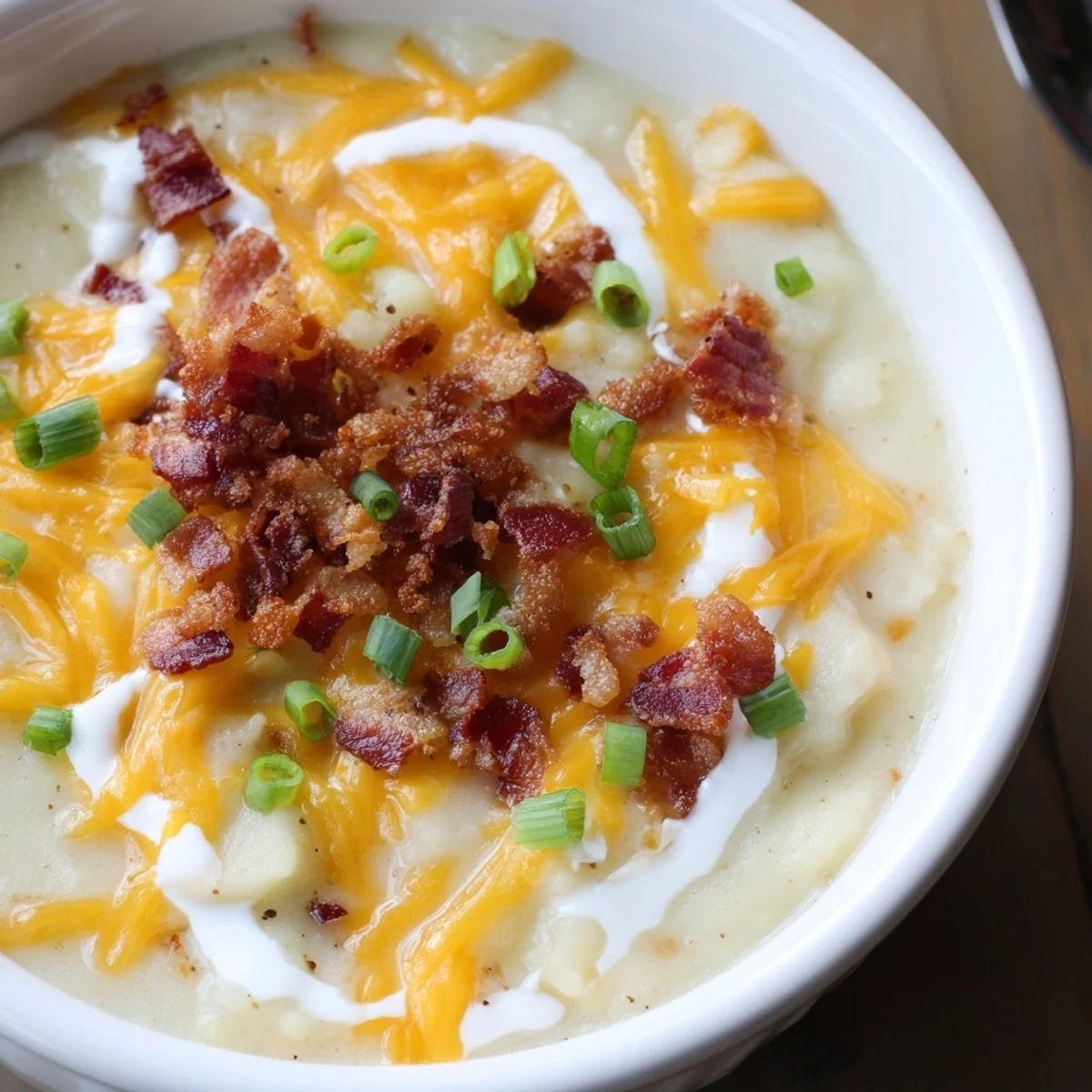 A steaming bowl of Crockpot Loaded Baked Potato Soup with crispy bacon and cheese.