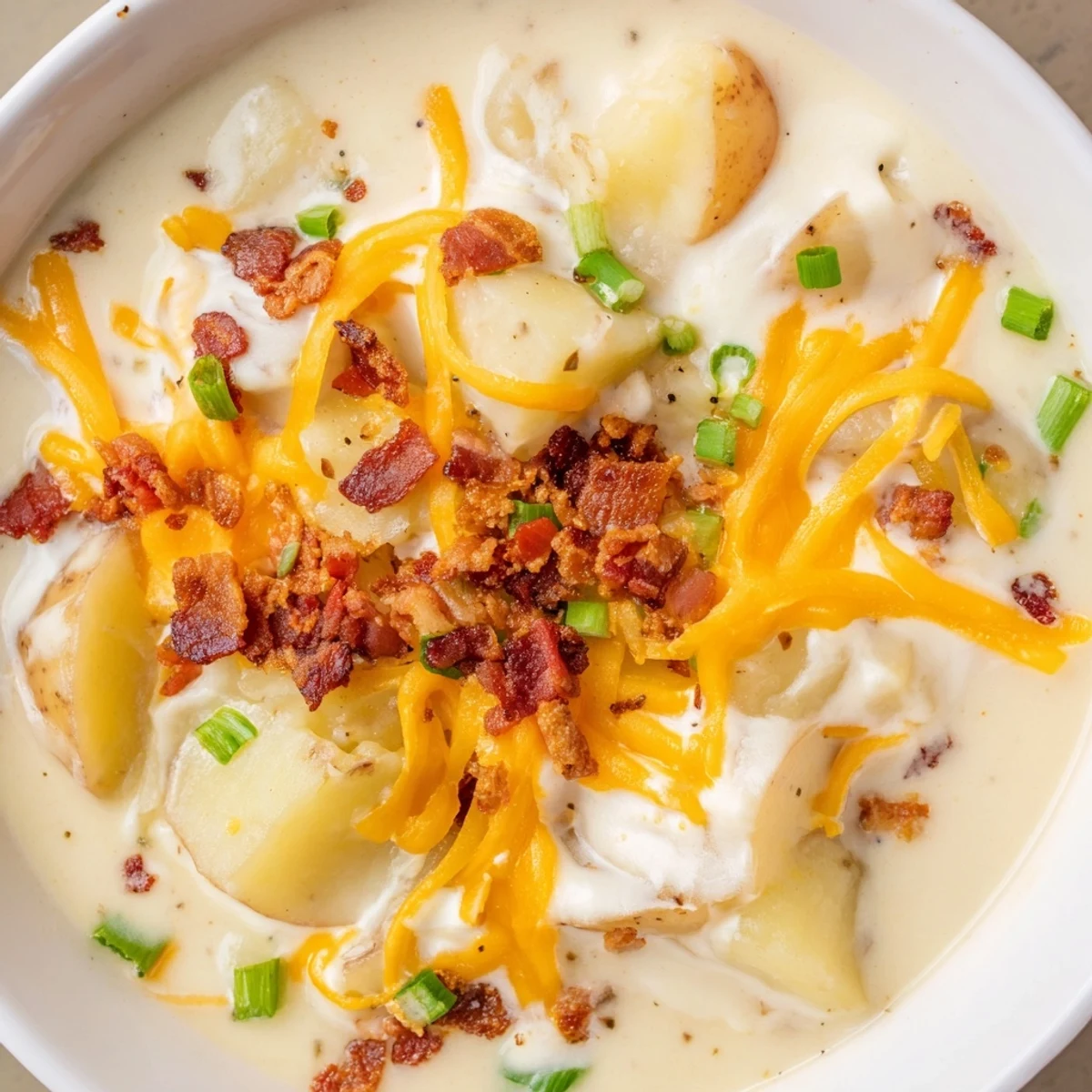 Warm, comforting Crockpot Loaded Baked Potato Soup, a delicious and easy weeknight meal, ready to serve.