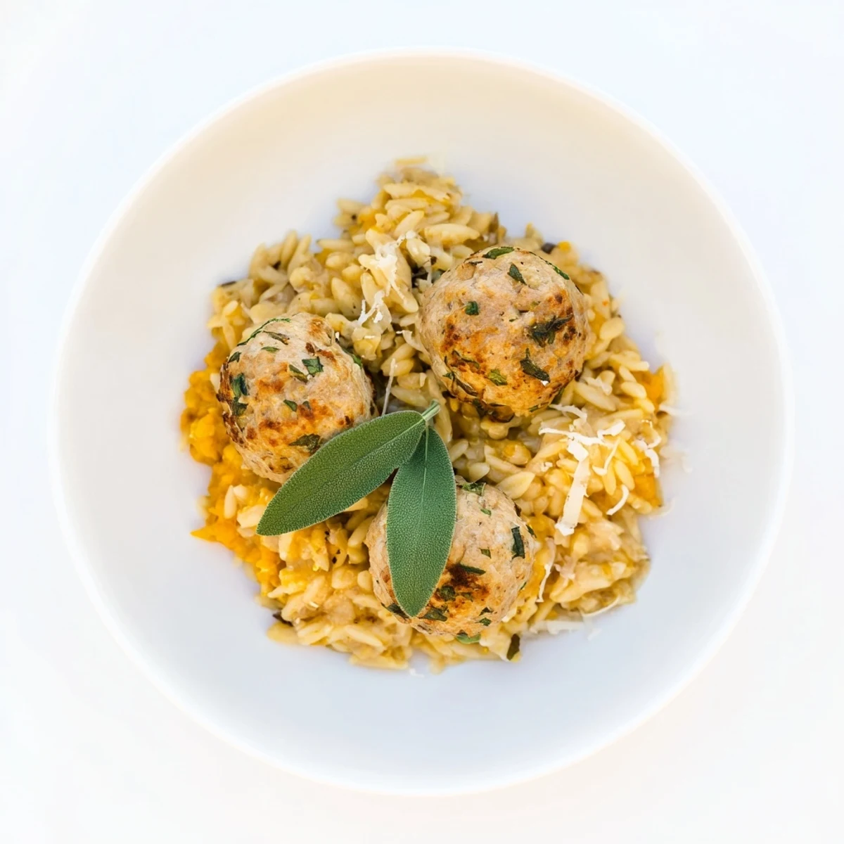 Glistening sage turkey meatballs nestled with bright orange pumpkin orzo, a fall favorite recipe idea.