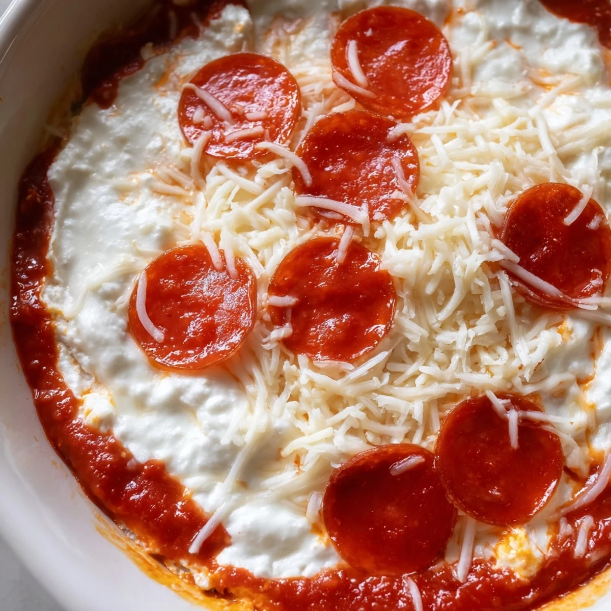Warm, bubbling Pizza Dip, rich marinara, melted cheese, and crisp pepperoni ready to be scooped up.