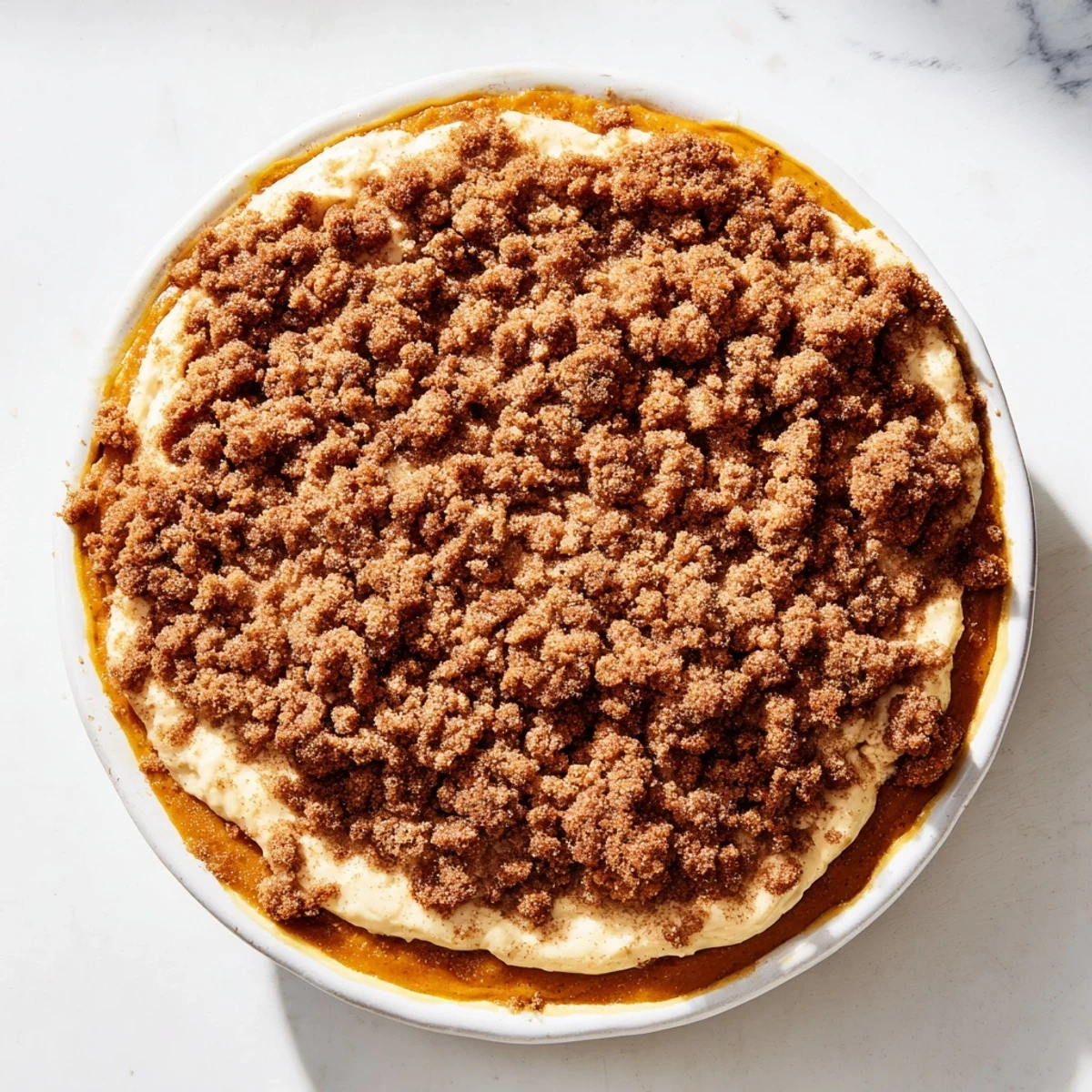 Close-up of a homemade pumpkin crisp, showing a buttery crumble topping baked to perfection and bubbling.